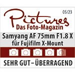 Das Samyang AF 75mm f/1.8 für Fuji X wurde mit dem Testergebnis SEHR GUT - ÜBERRAGEND vom Pictures Magazin (Ausgbar 05/23) ausgezeichnet.
